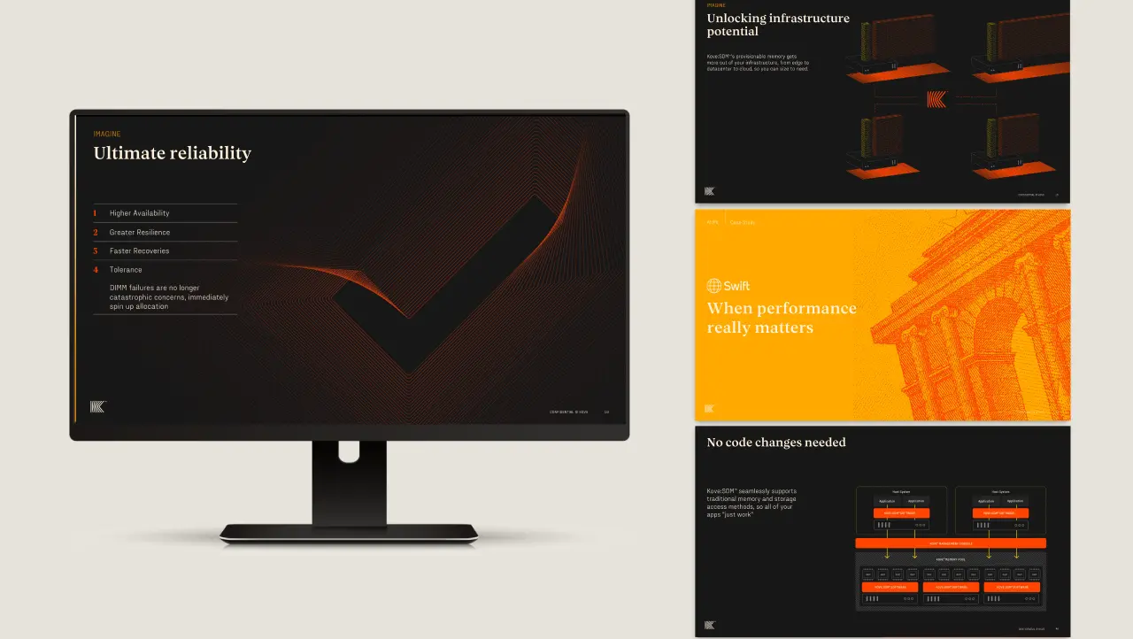 Kove SOM presentation slides highlighting ultimate reliability and infrastructure potential.