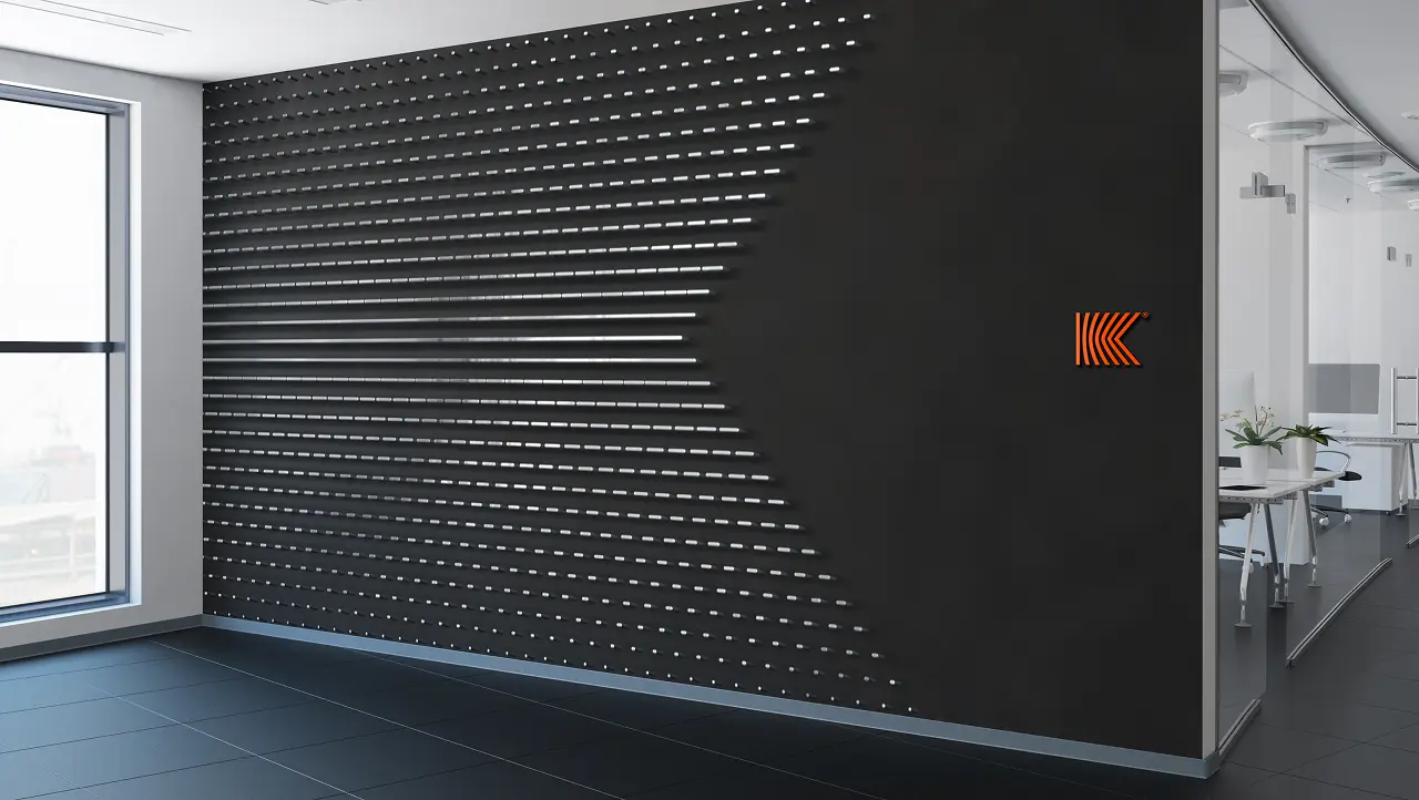 Modern office interior with Kove logo on black wall, horizontal stripes, and a large window.