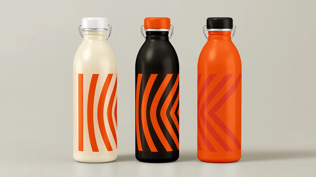 Three Kove water bottles in cream, black, and orange with geometric designs.