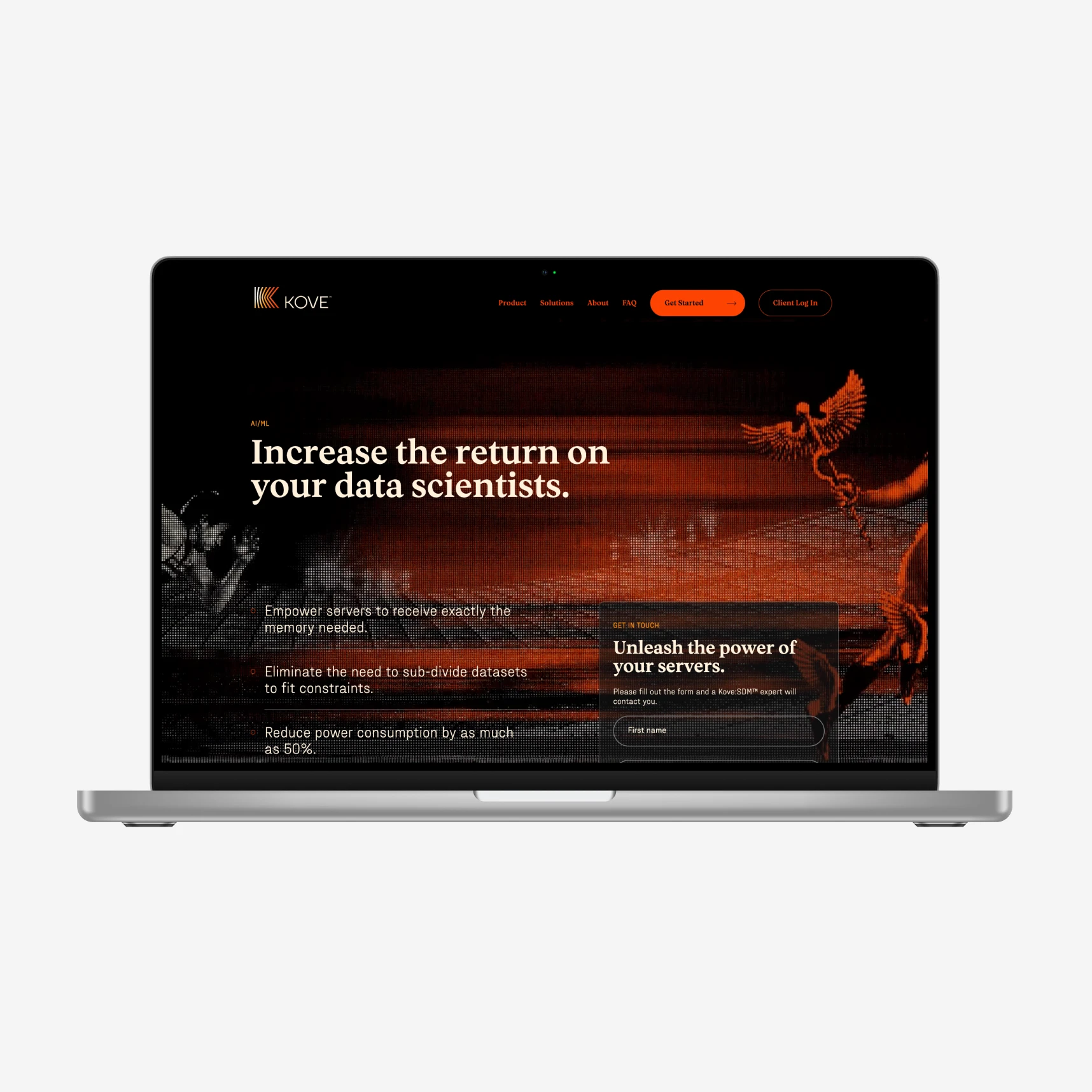 Kove website on a laptop screen, featuring data science solutions.