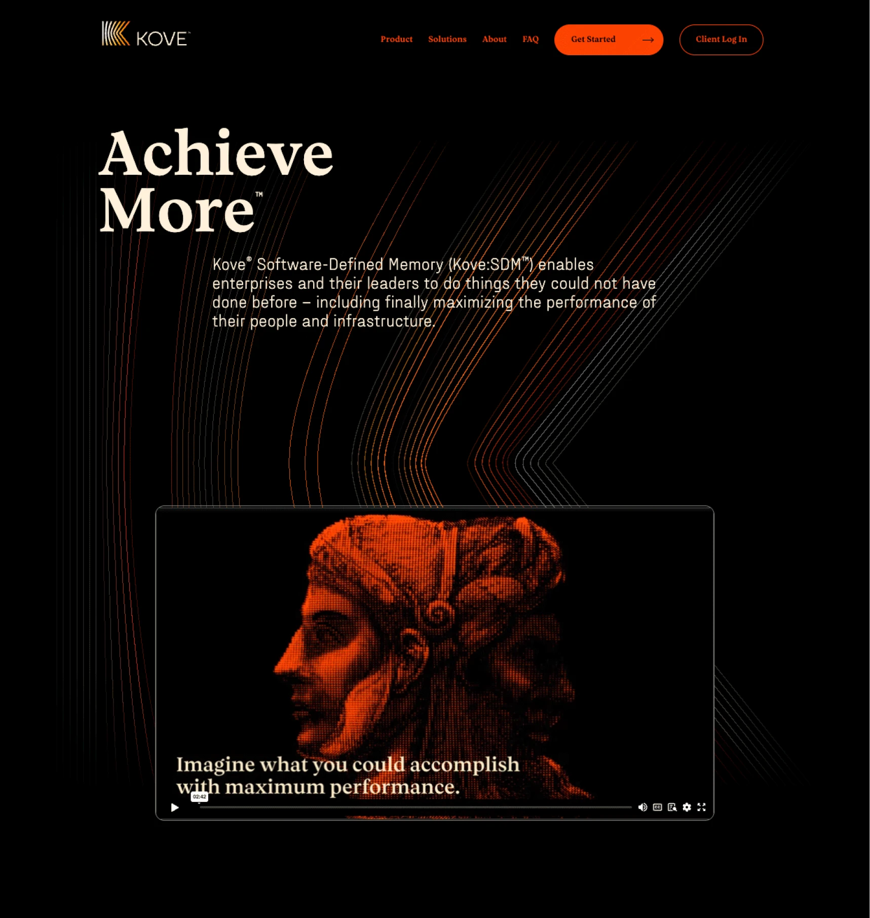 Kove website showcasing "Achieve More" with a Software-Defined Memory video.