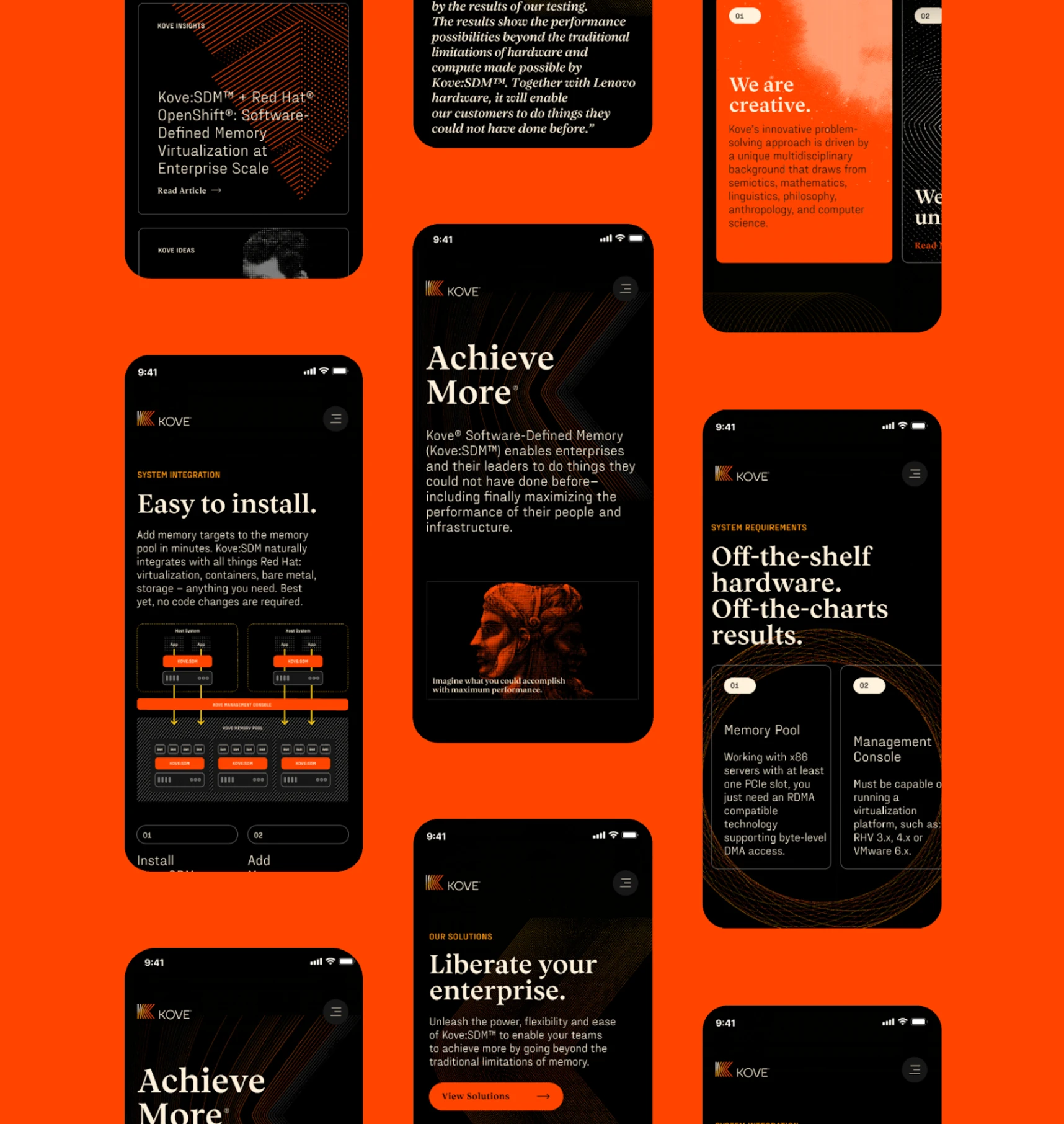 Kove: Software-Defined Memory (SDM) on mobile, showing system integration and off-the-shelf hardware.