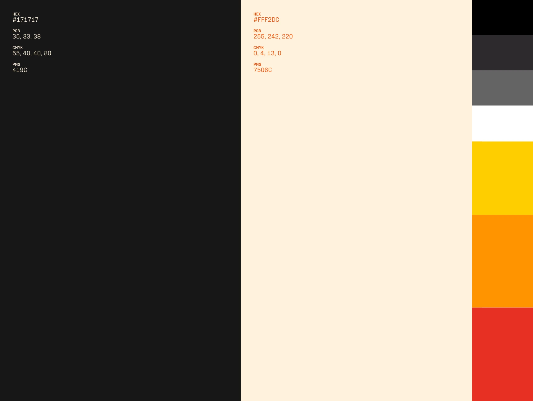 Color palette featuring hex codes, RGB, CMYK, and PMS values for a range of neutral and bright tones.