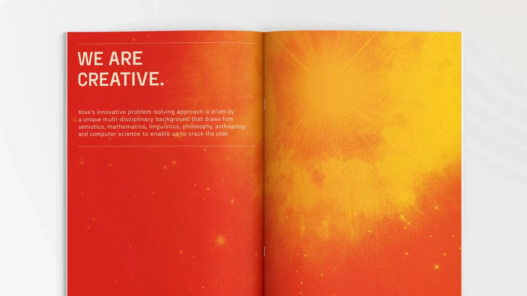 Kove: "We are Creative." Brochure spread with red and yellow abstract design and text about innovative problem-solving.