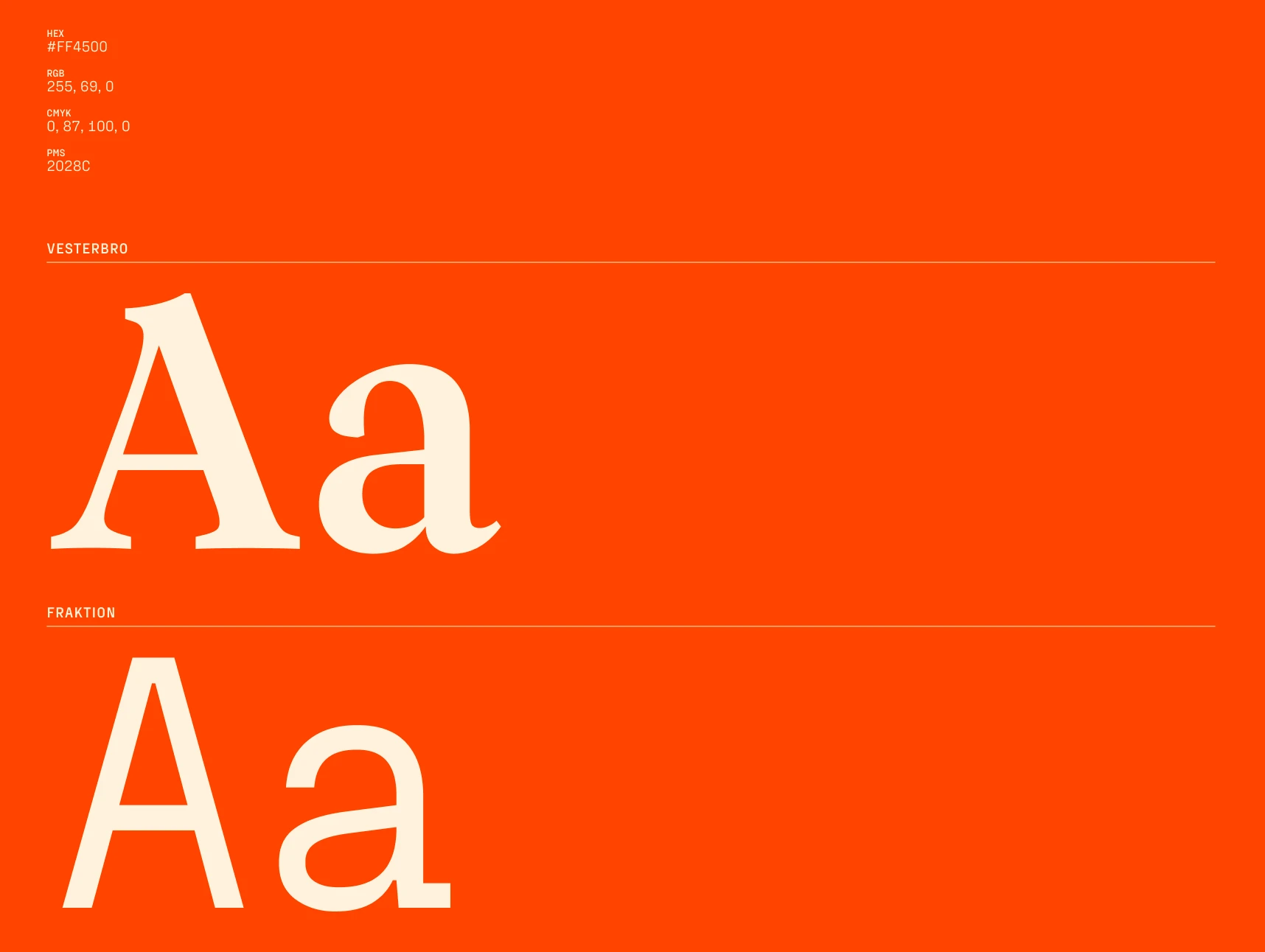 Vesterbro and Fraktion fonts on an orange background, showing the letters Aa. Kove design.