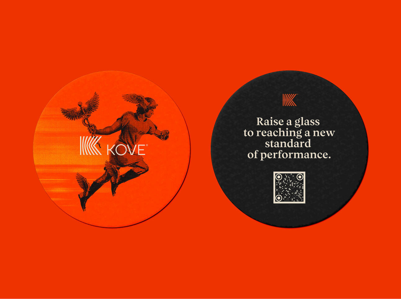 Kove coasters: winged figure with bird, and "Raise a glass to a new standard of performance" with a QR code.