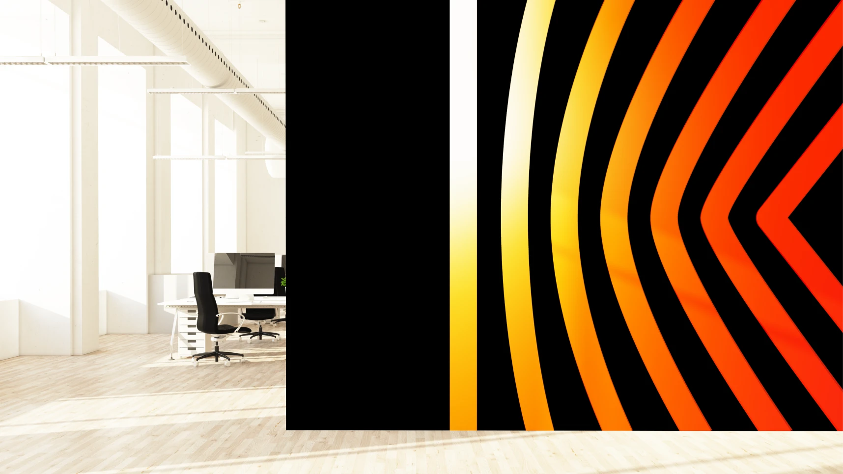 Modern office space with desks and chairs, alongside an abstract graphic design.