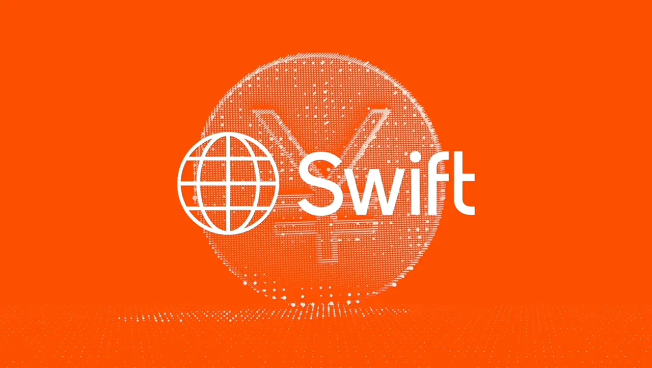 SWIFT payment system logo with globe and currency symbol on orange background.