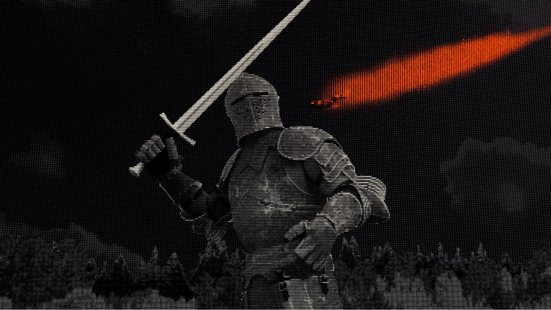 Knight in shining armor holding sword with fire in the sky.