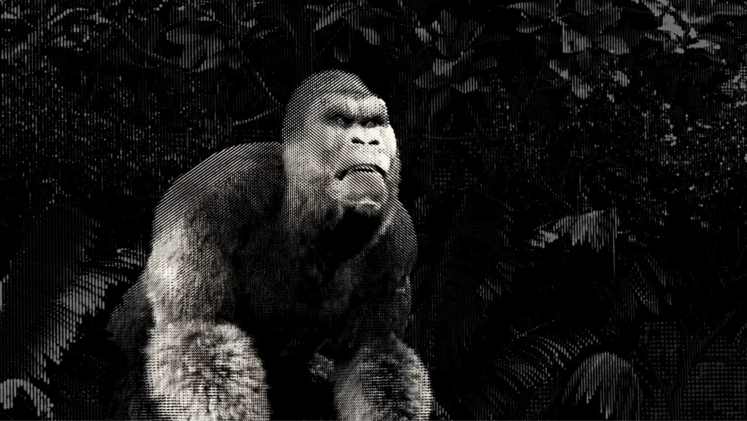 Monochrome gorilla portrait in jungle foliage