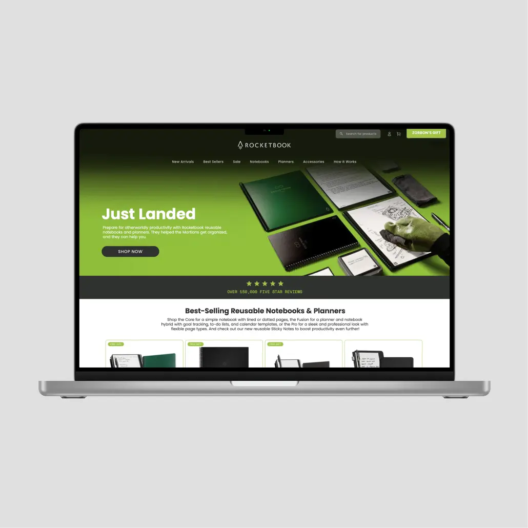 Rocketbook website on a laptop displaying reusable notebooks and planners.