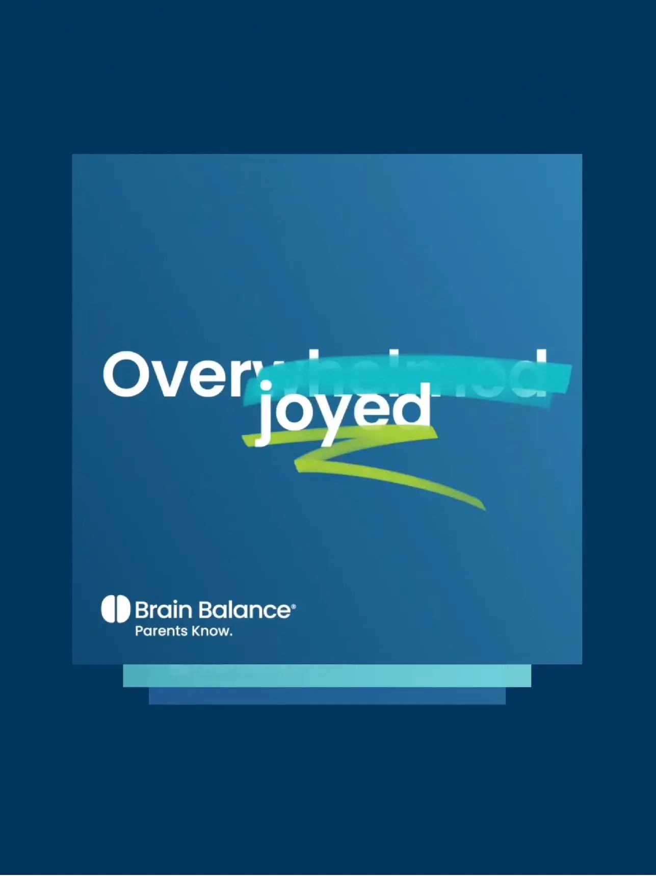 Brain Balance: Overjoyed text graphic with blue and yellow accents.