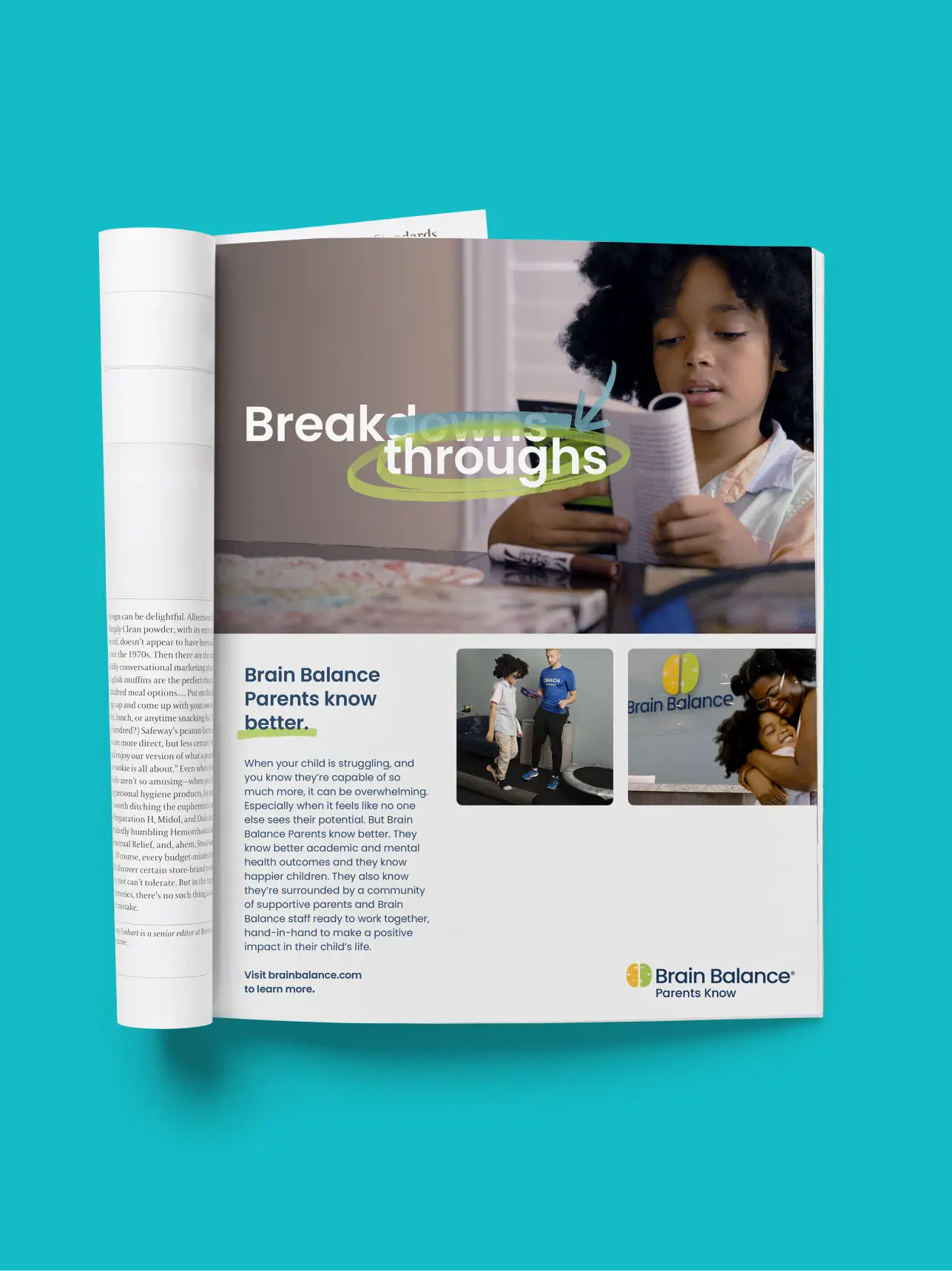 Young boy reading a magazine ad for Brain Balance, "Breakthroughs.