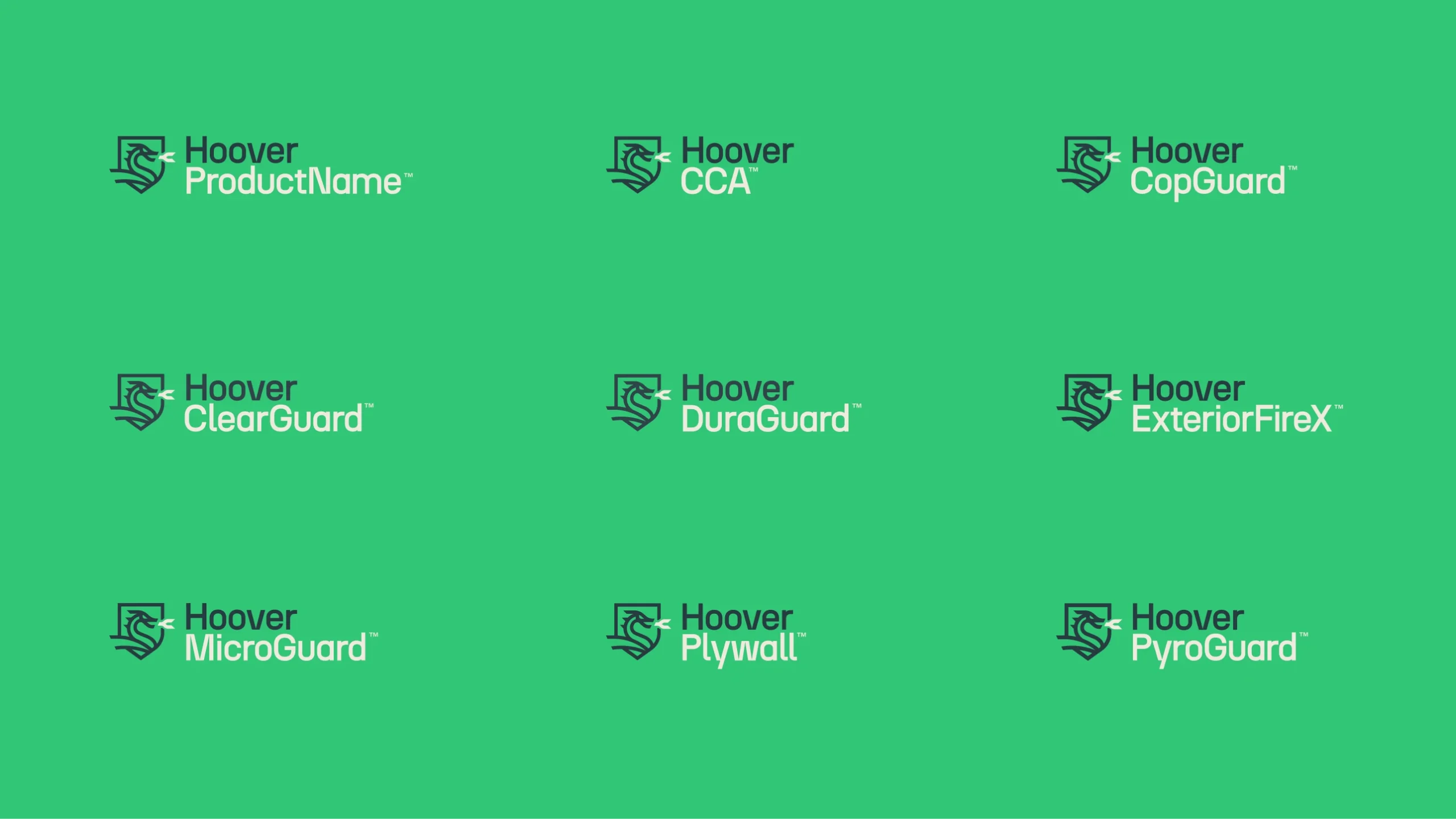 Hoover product logos: ProductName, CCA, CopGuard, ClearGuard, DuraGuard, ExteriorFireX, MicroGuard, Plywall, PyroGuard.