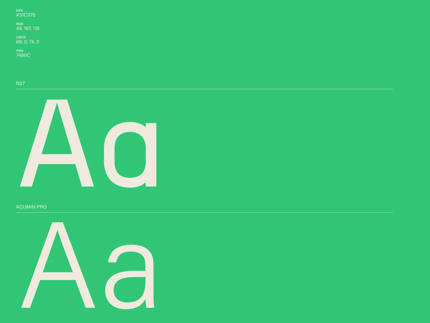 Font comparison: N27 vs. Acumin Pro, displaying uppercase and lowercase "Aa" in a green color (#31C576).