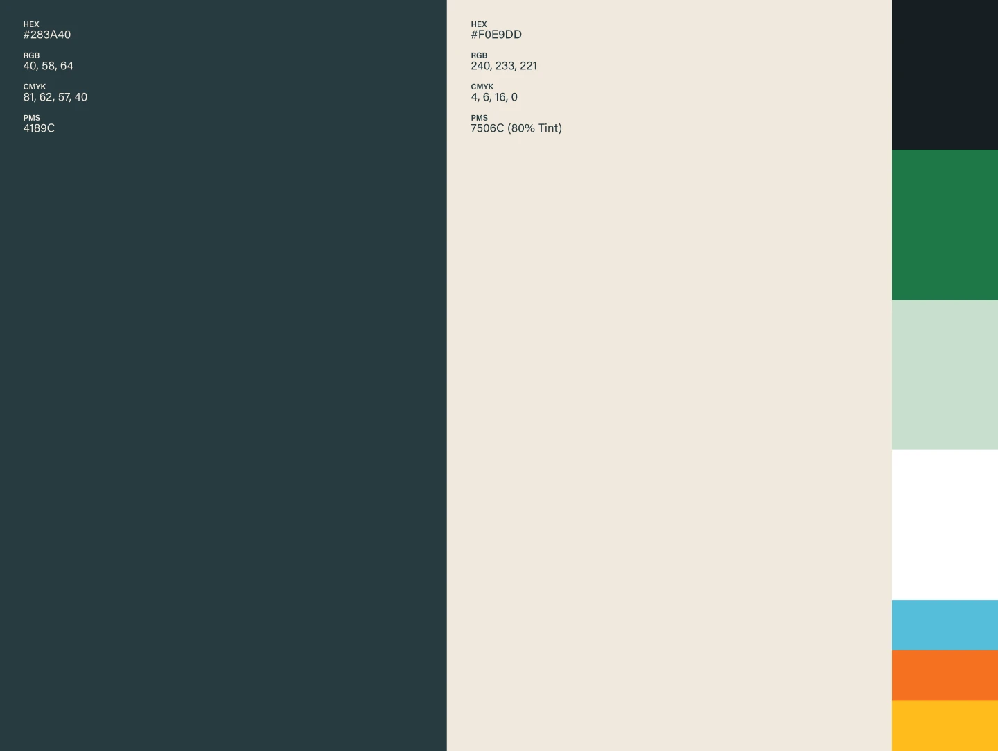 Color palette featuring hex codes #283A40 and #F0E9DD, plus RGB, CMYK, and PMS values.