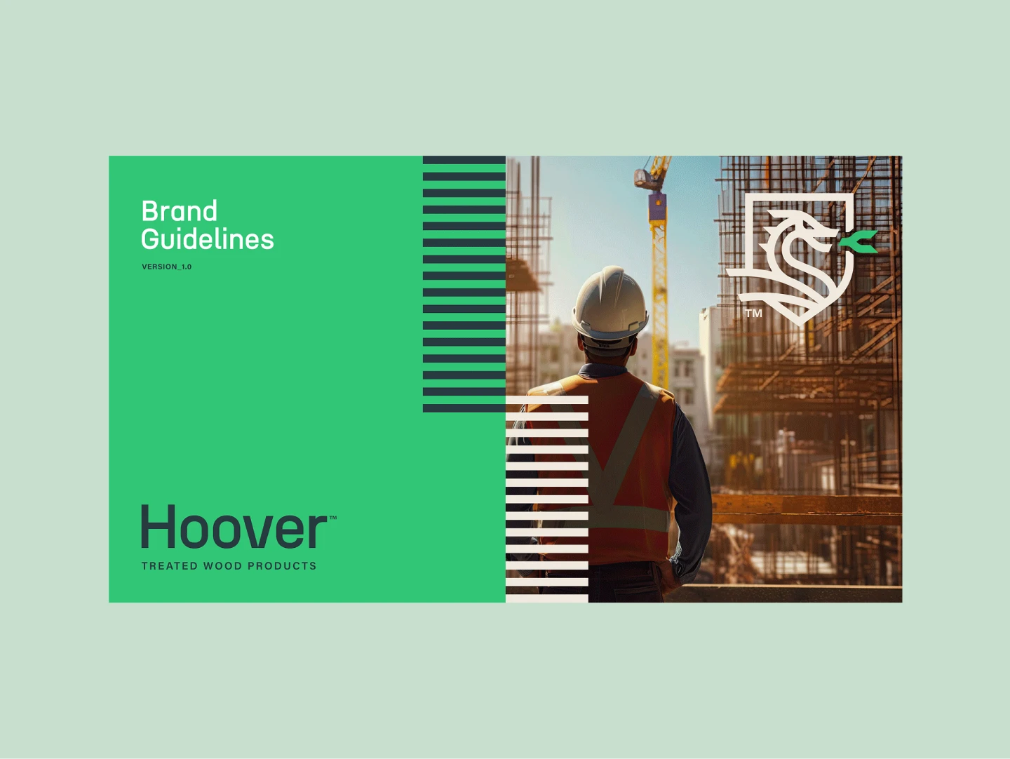 Hoover Treated Wood Products brand guidelines, version 1.0. Construction worker on site.
