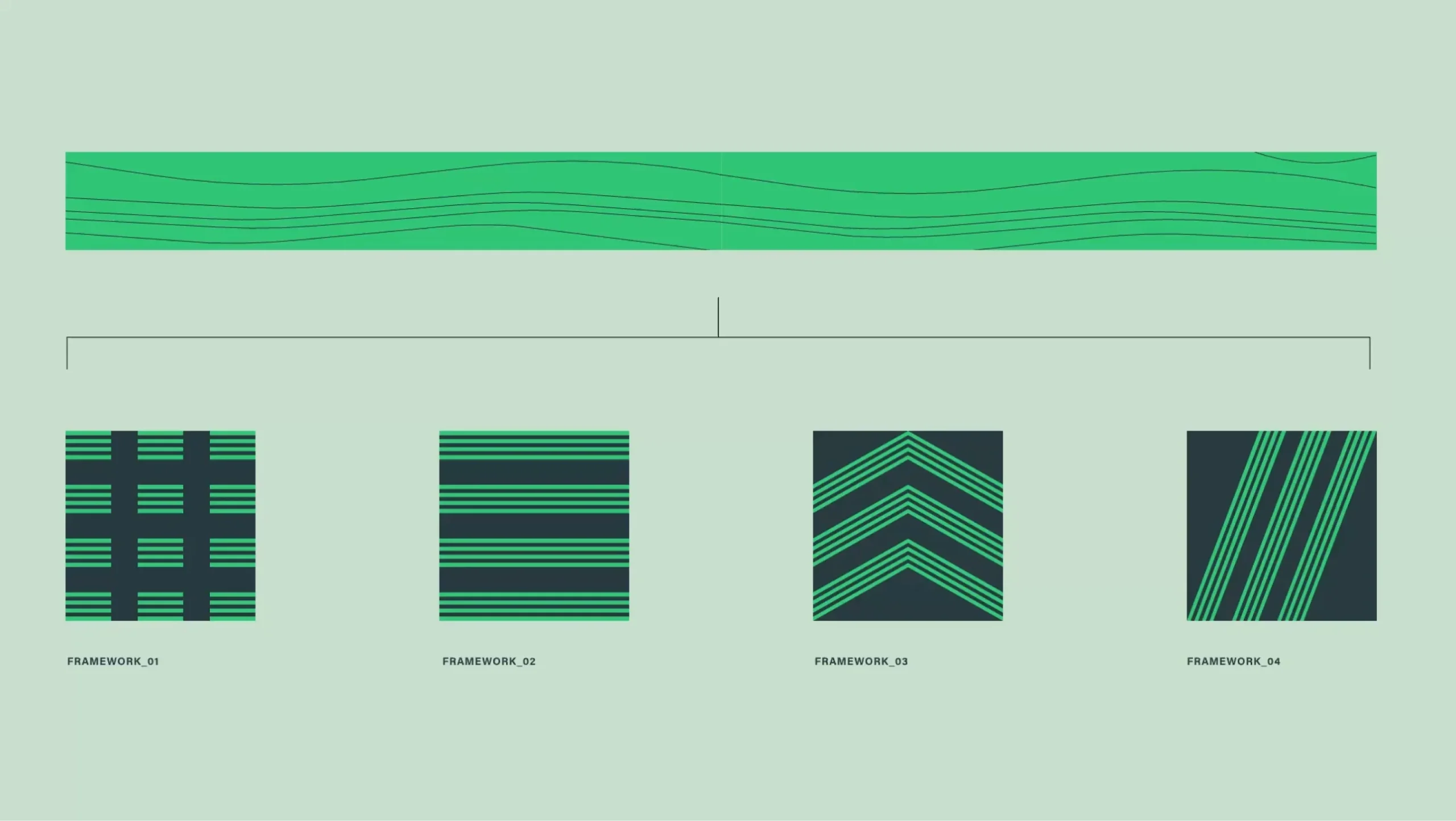 Framework options: grid, horizontal lines, chevrons, and diagonal lines. Text: Framework_01, Framework_02, Framework_03, Framework_04.
