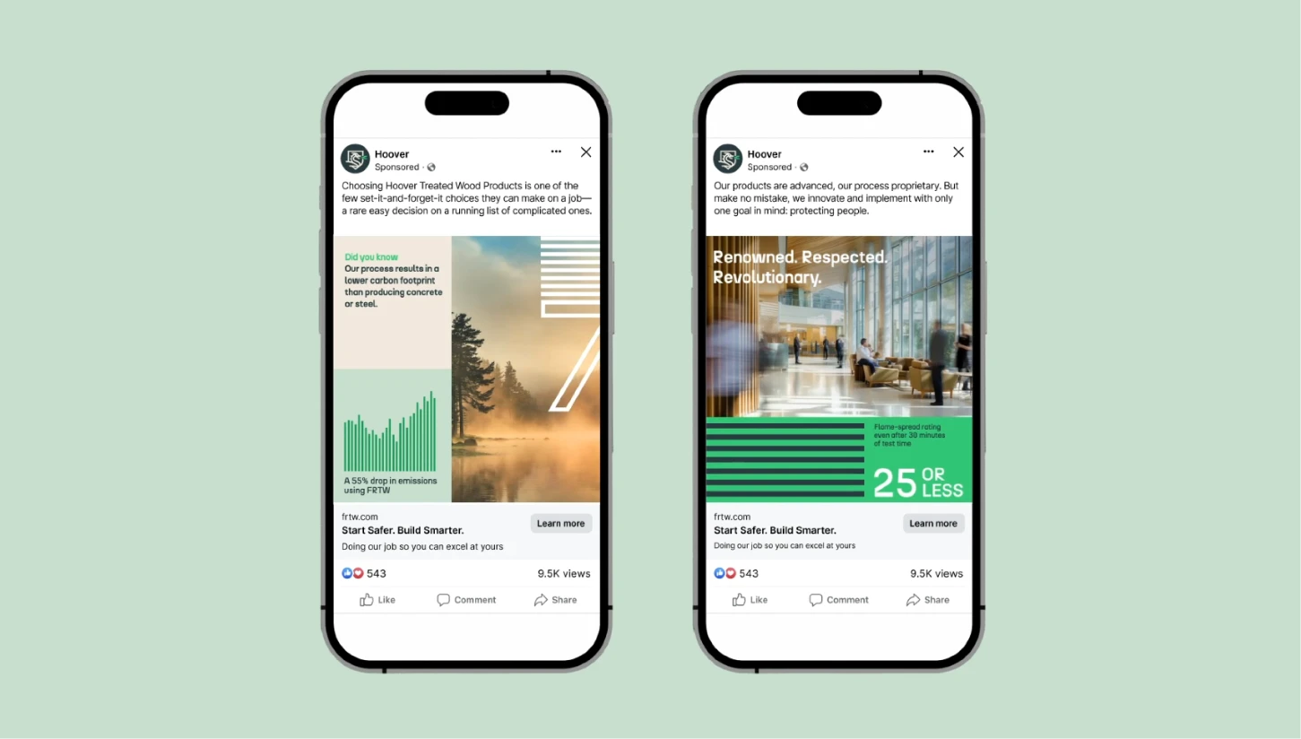 Two Hoover sponsored ads on Facebook promoting treated wood products and their environmental benefits.