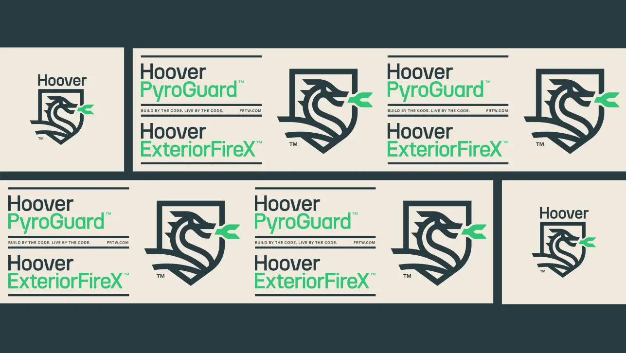 Hoover logos featuring a dragon shield, branding for PyroGuard and ExteriorFireX products.