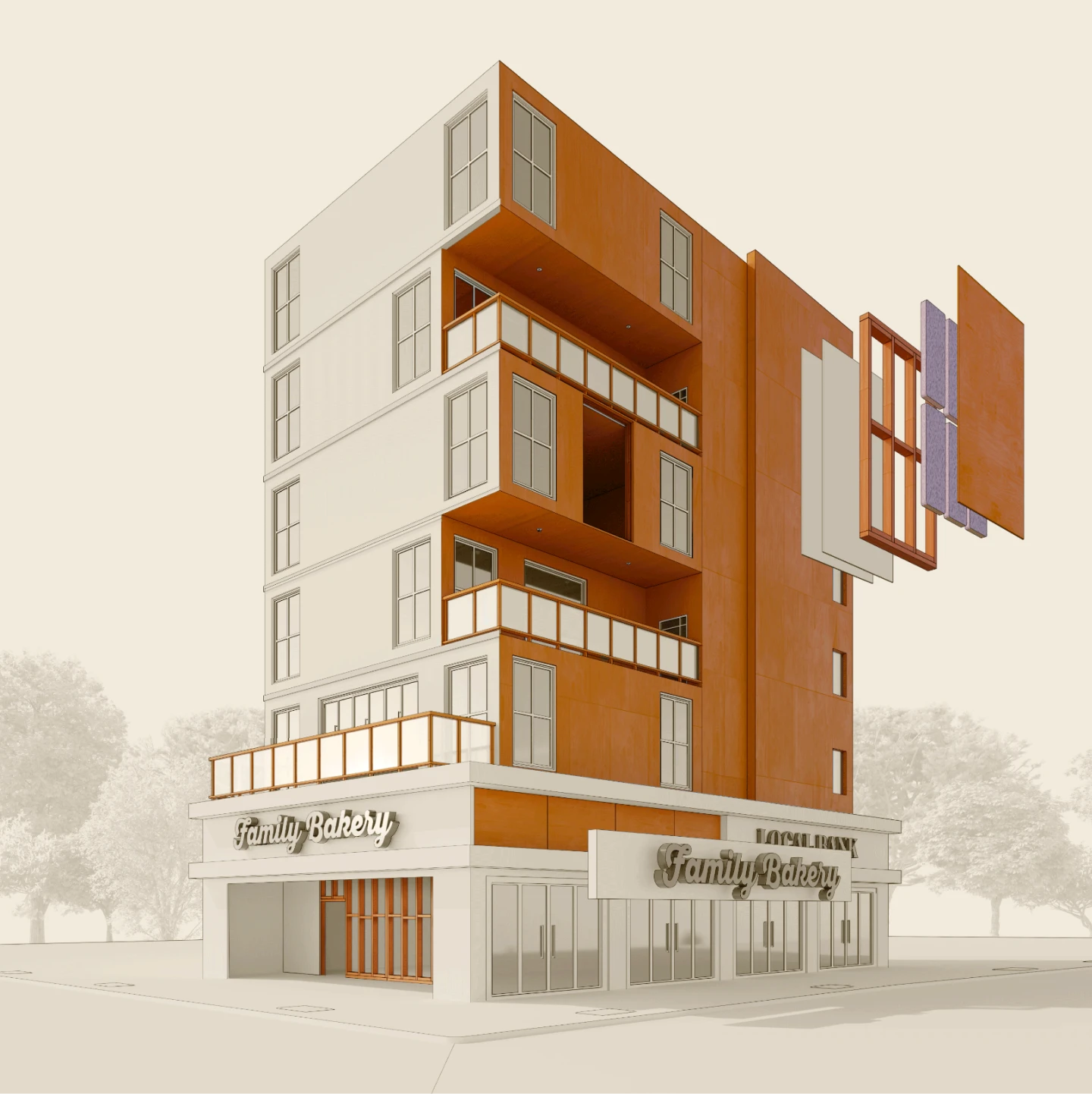 Family Bakery building with exploded view of wall panel. Text: "Family Bakery