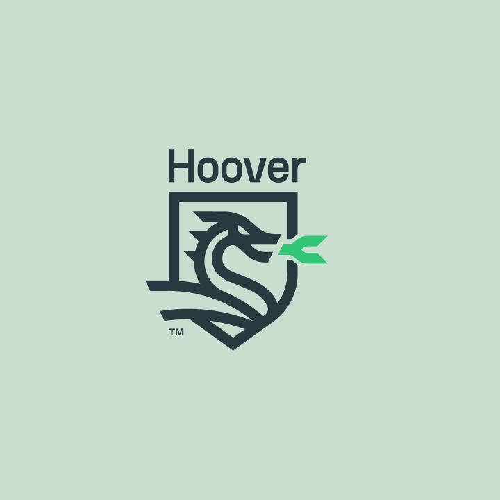 Hoover logo: Stylized dragon emblem with green breath on a shield.