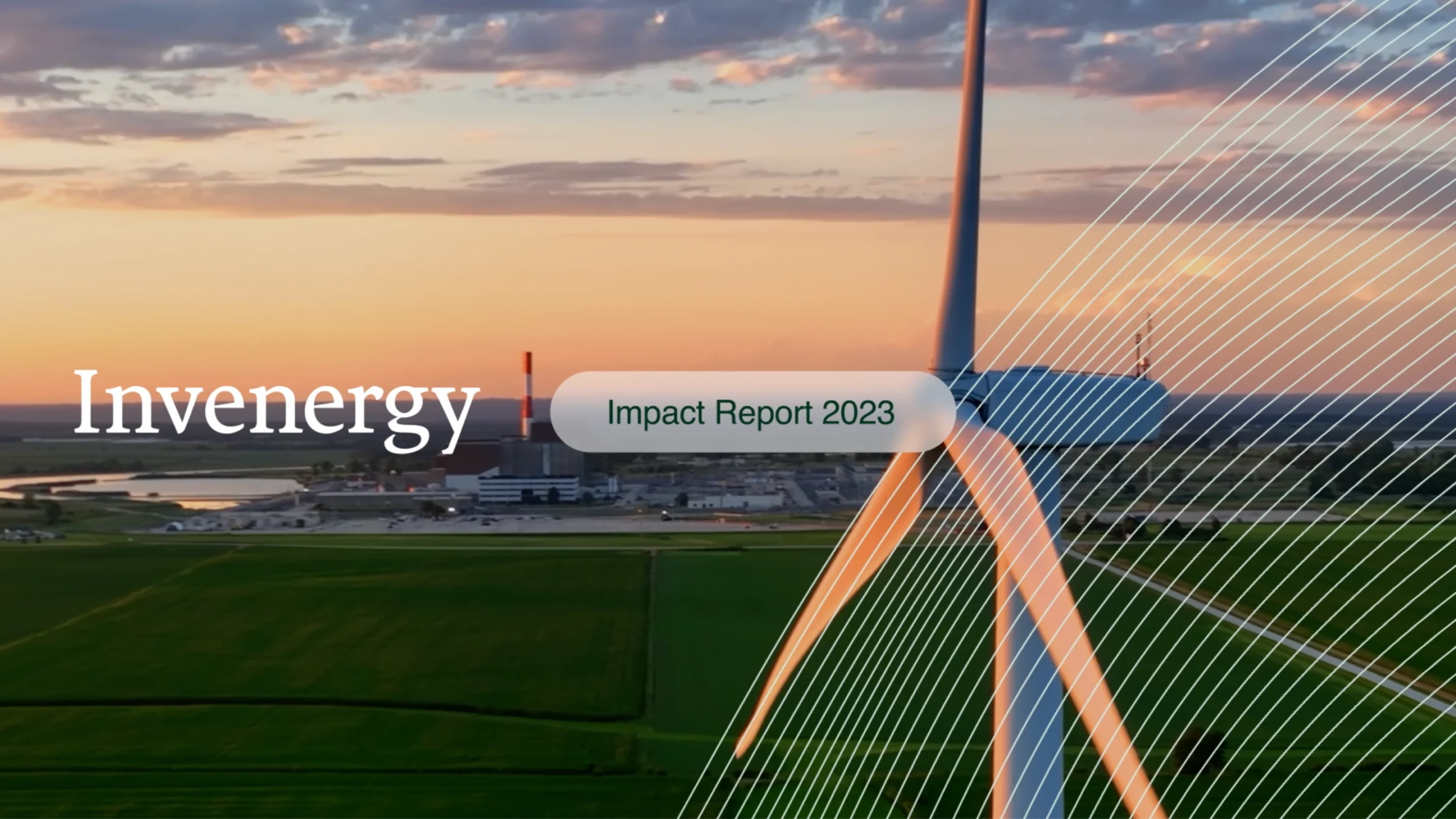 Invenergy Impact Report 2023 cover: Wind turbine at sunset.