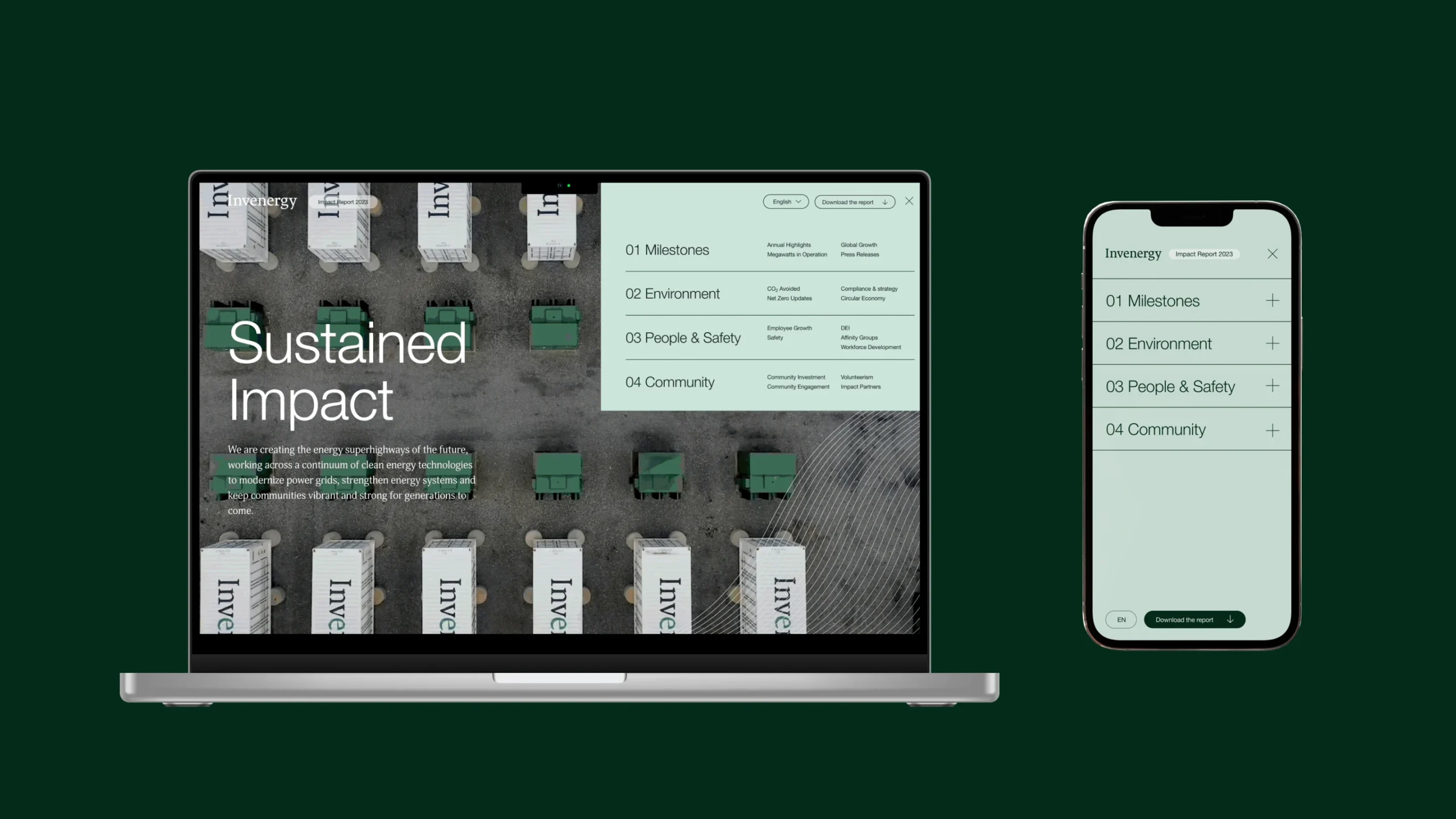 Invenergy impact report on laptop and phone. "Sustained Impact" and milestones are shown.