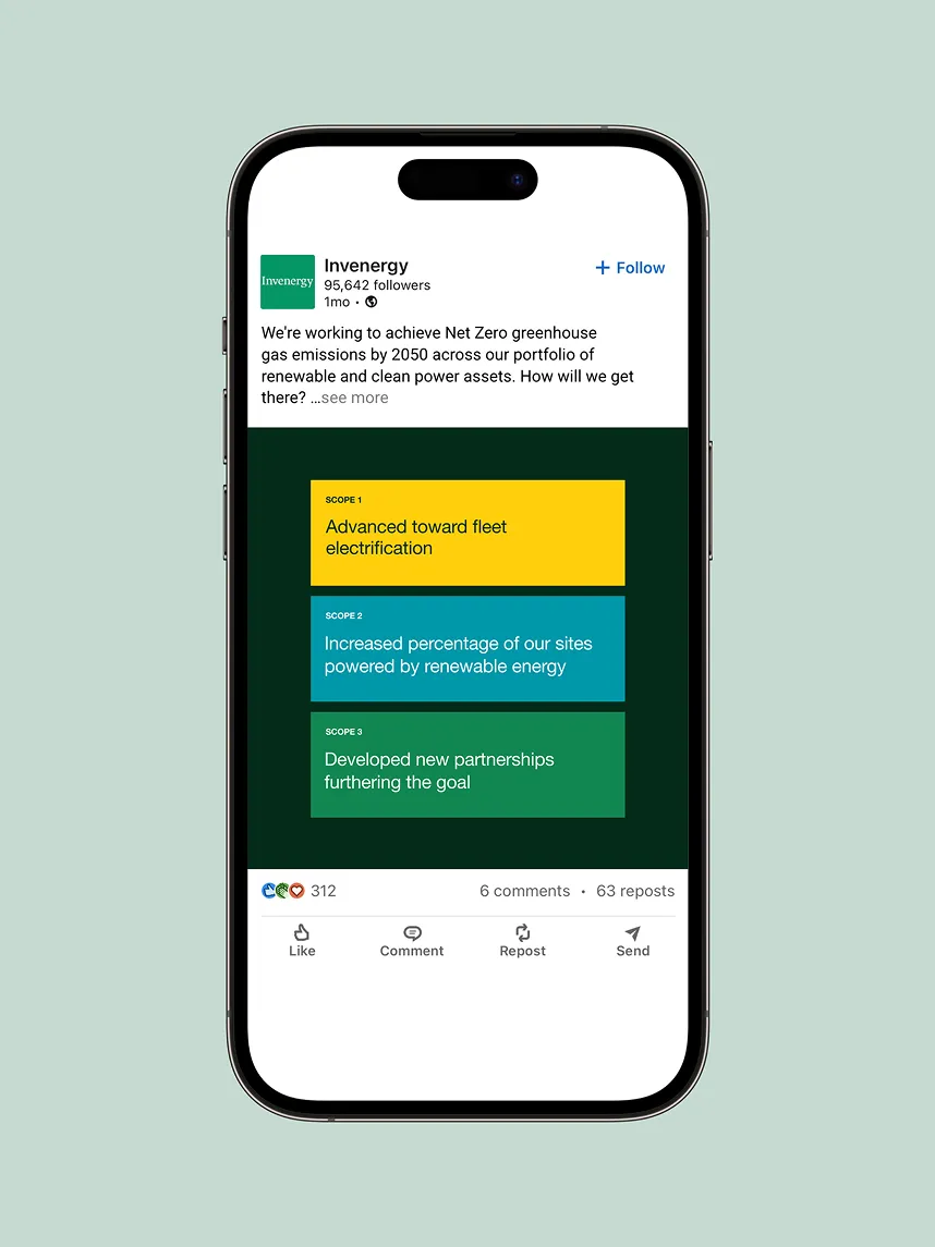 Invenergy's Net Zero plan on a phone screen: fleet electrification, renewable energy, and new partnerships.