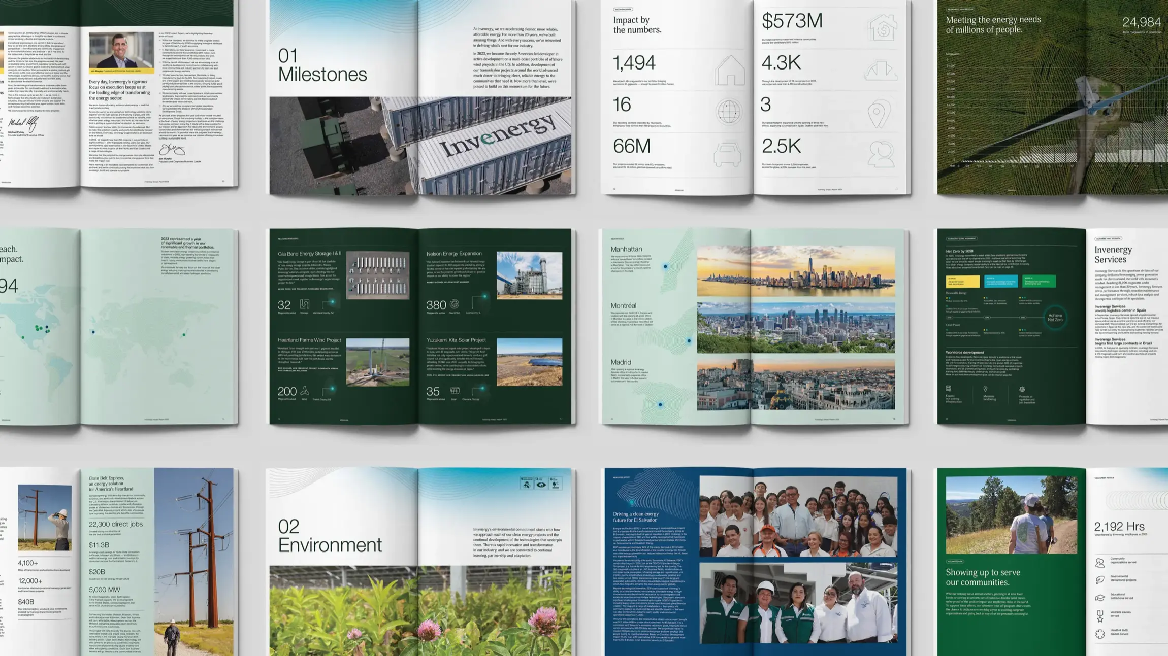 Invenergy's milestones, environmental commitment, and global impact showcased in an infographic.