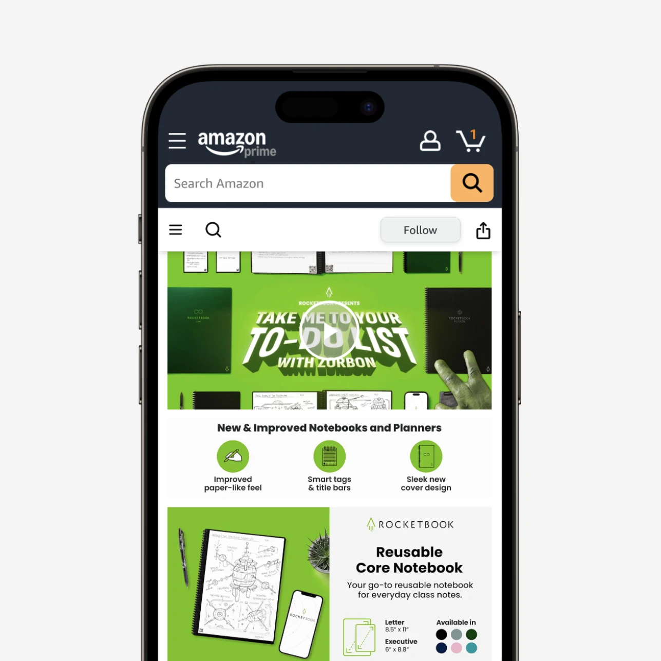 Amazon Prime mobile app showcasing Rocketbook reusable notebooks and planners.