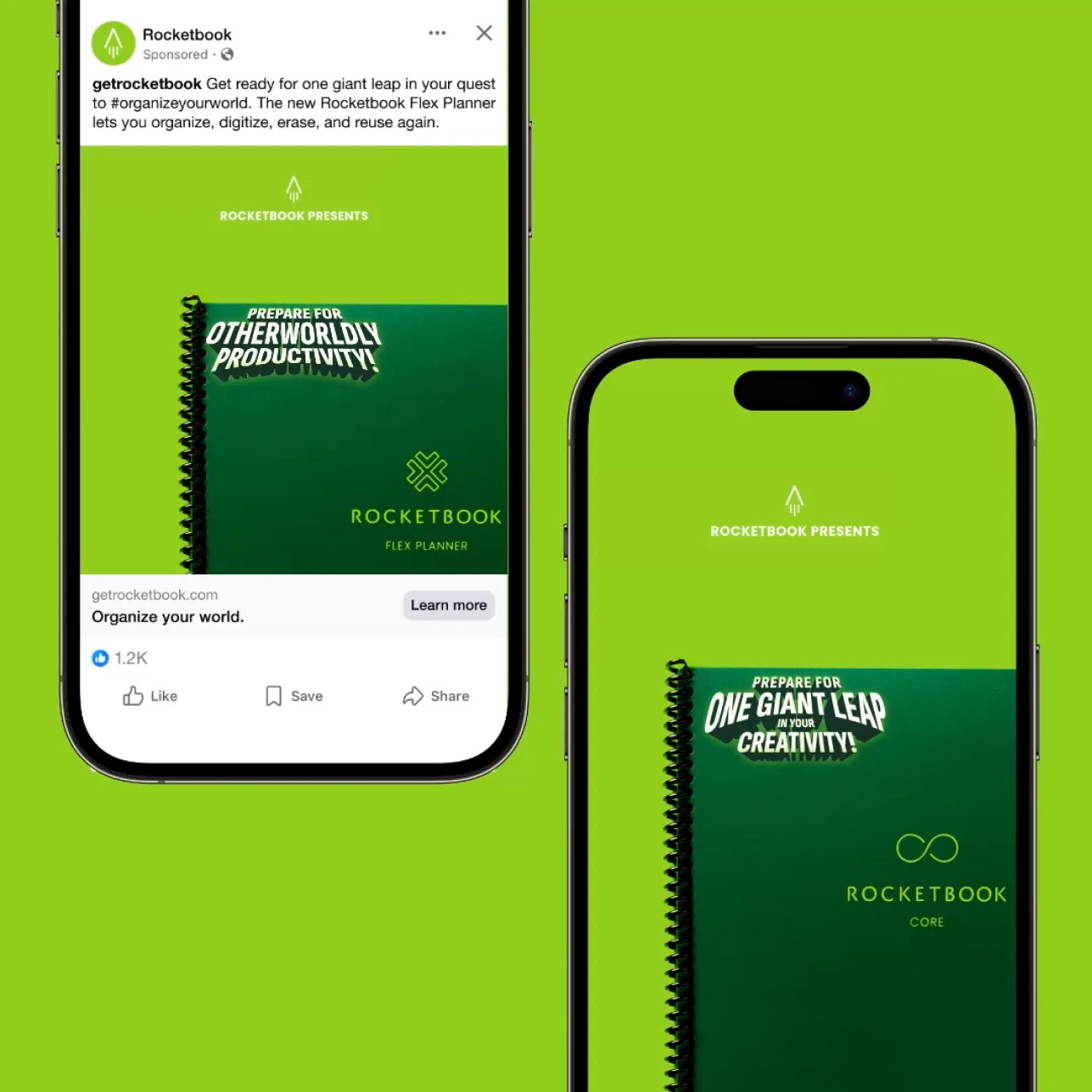 Rocketbook ad showing Flex Planner and Core notebook for productivity and creativity.