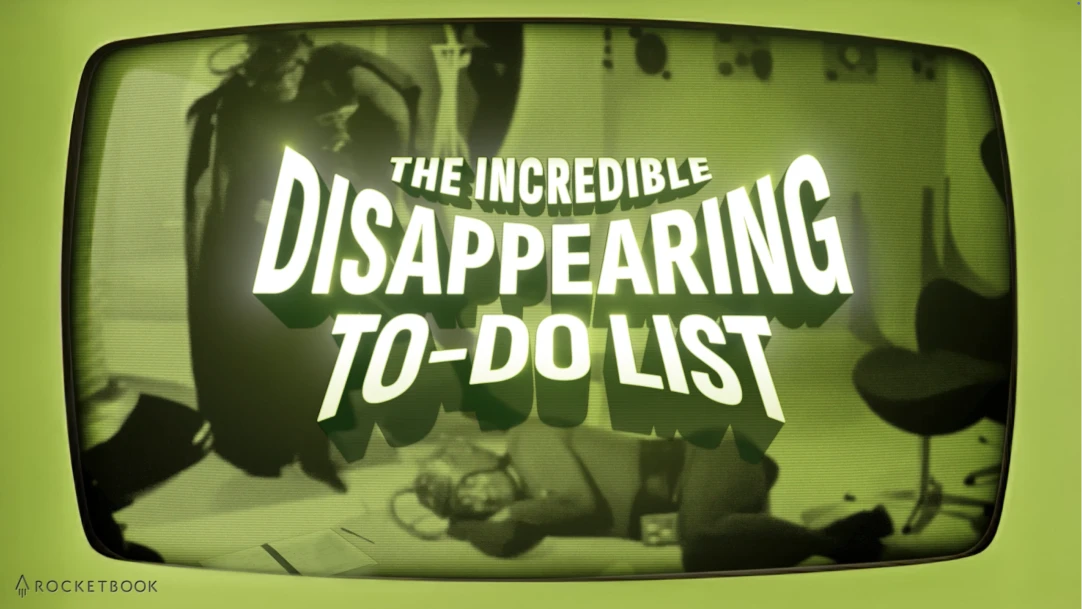 Retro TV screen showing "The Incredible Disappearing To-Do List" title text. Rocketbook logo in corner.