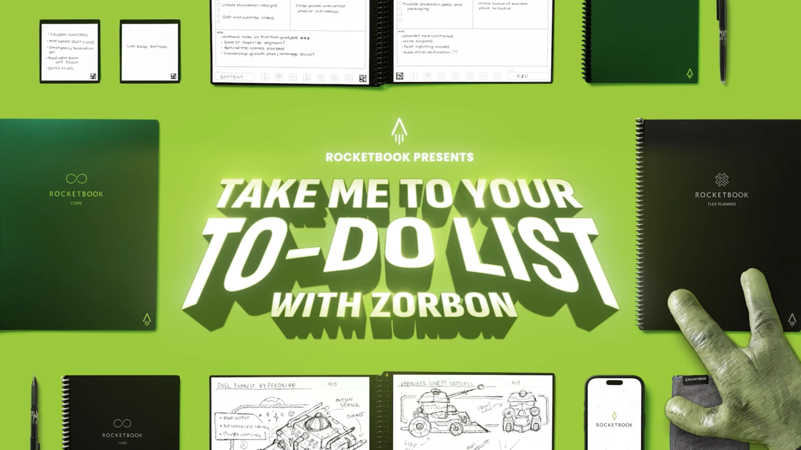 Rocketbook presents "Take Me To Your To-Do List with Zorbon." Features Rocketbook products and alien hand.