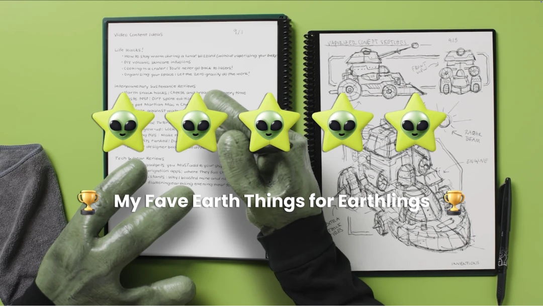 Alien hands reviewing Earth things, including vaporizer concept sketches and life hacks.