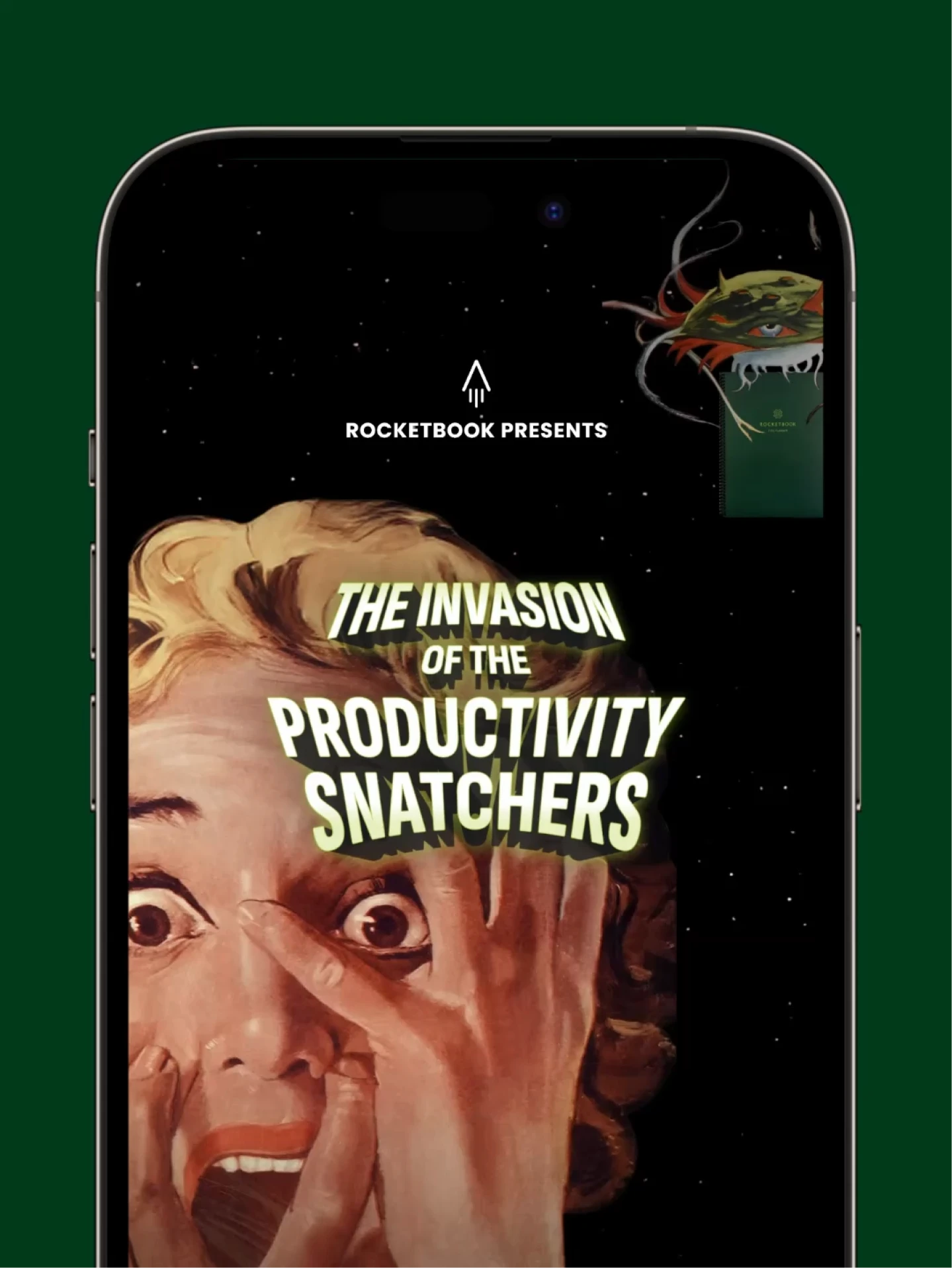 Rocketbook presents "The Invasion of the Productivity Snatchers" with retro horror art.