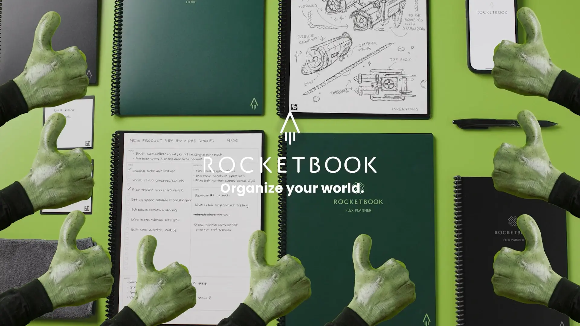 Rocketbook notebooks and planners with thumbs up. Organize your world.