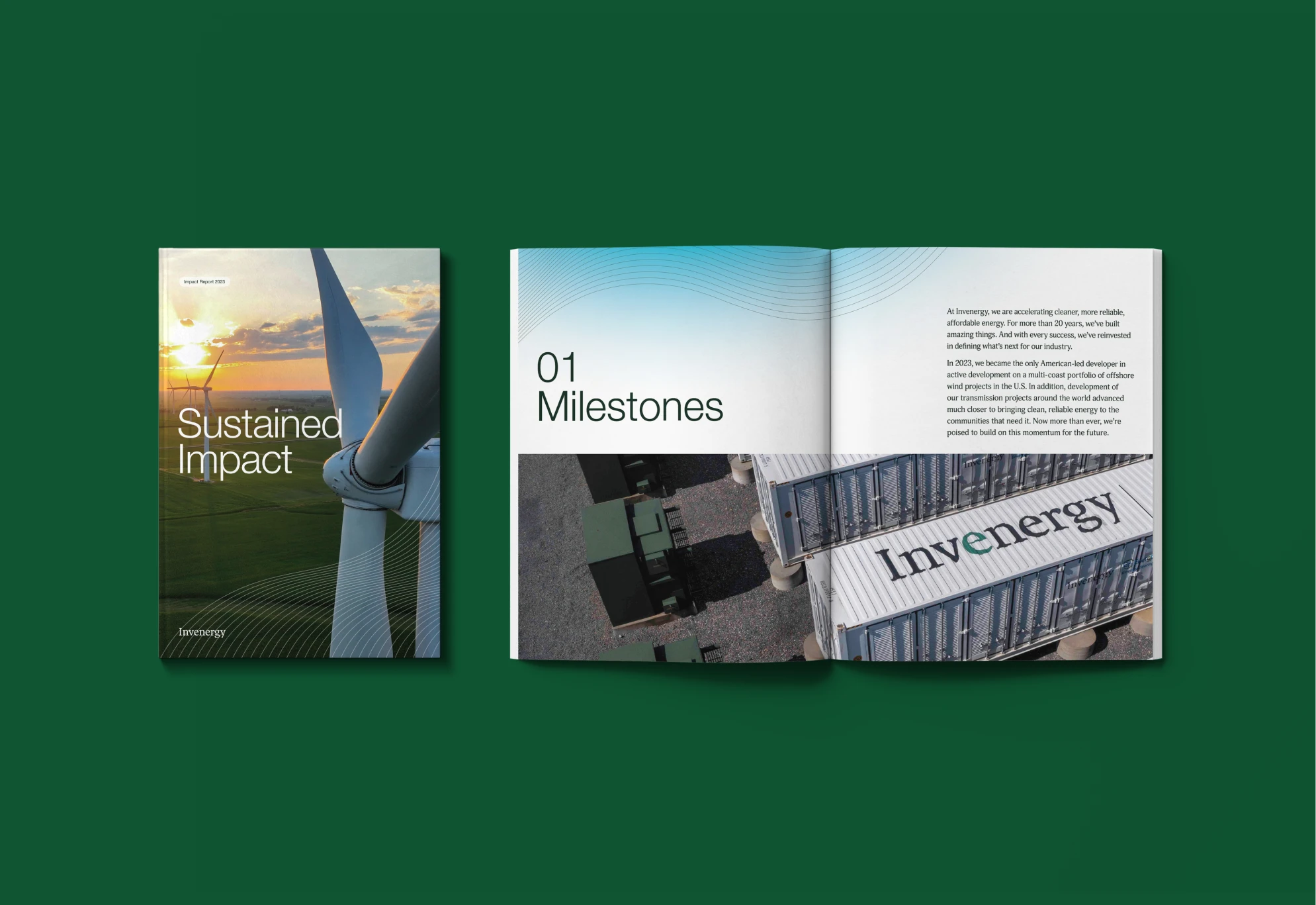 Invenergy's 2023 Impact Report showcasing sustainable energy milestones with wind turbine and Invenergy containers.