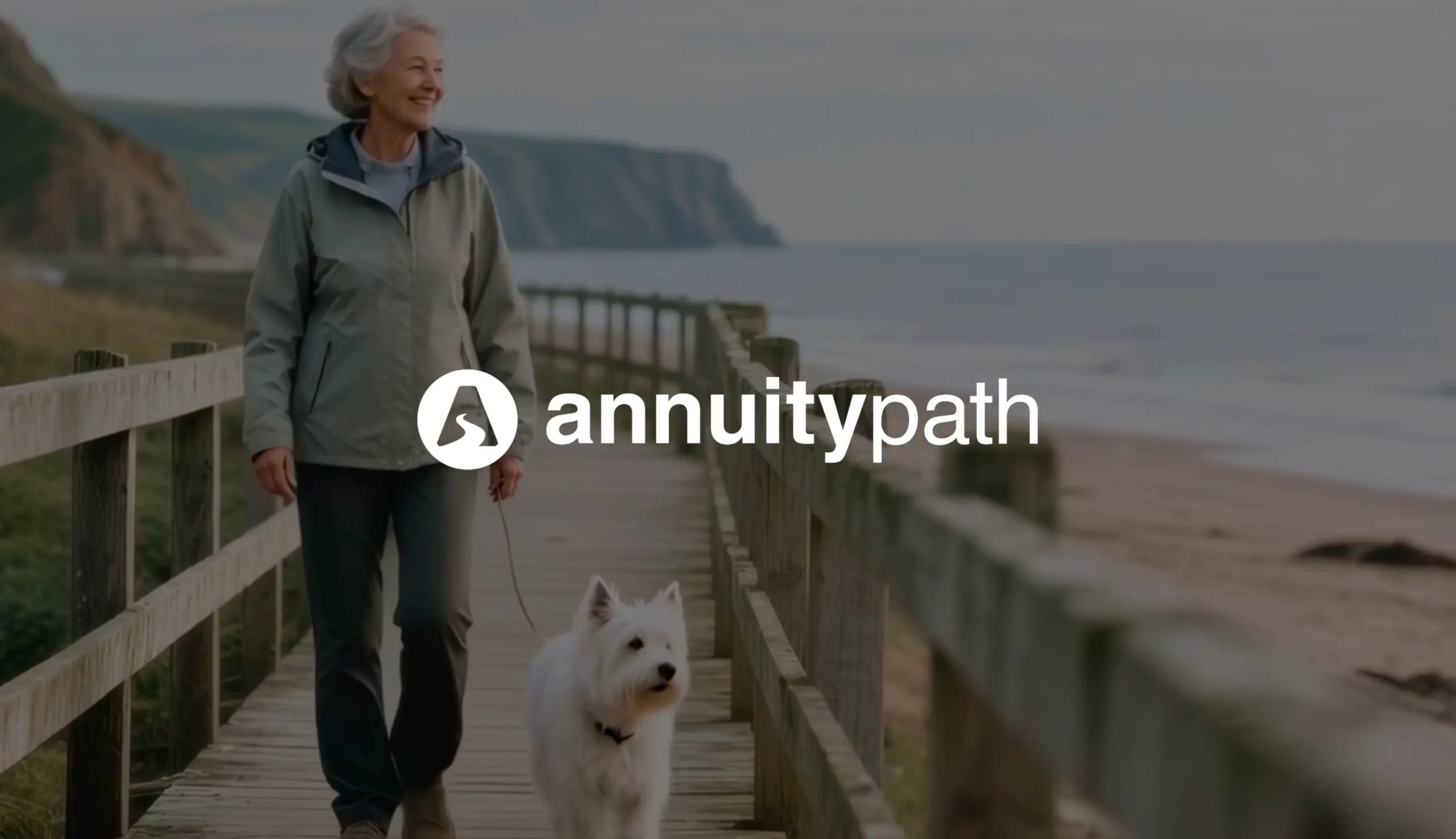 Senior woman walking dog on boardwalk with AnnuityPath logo