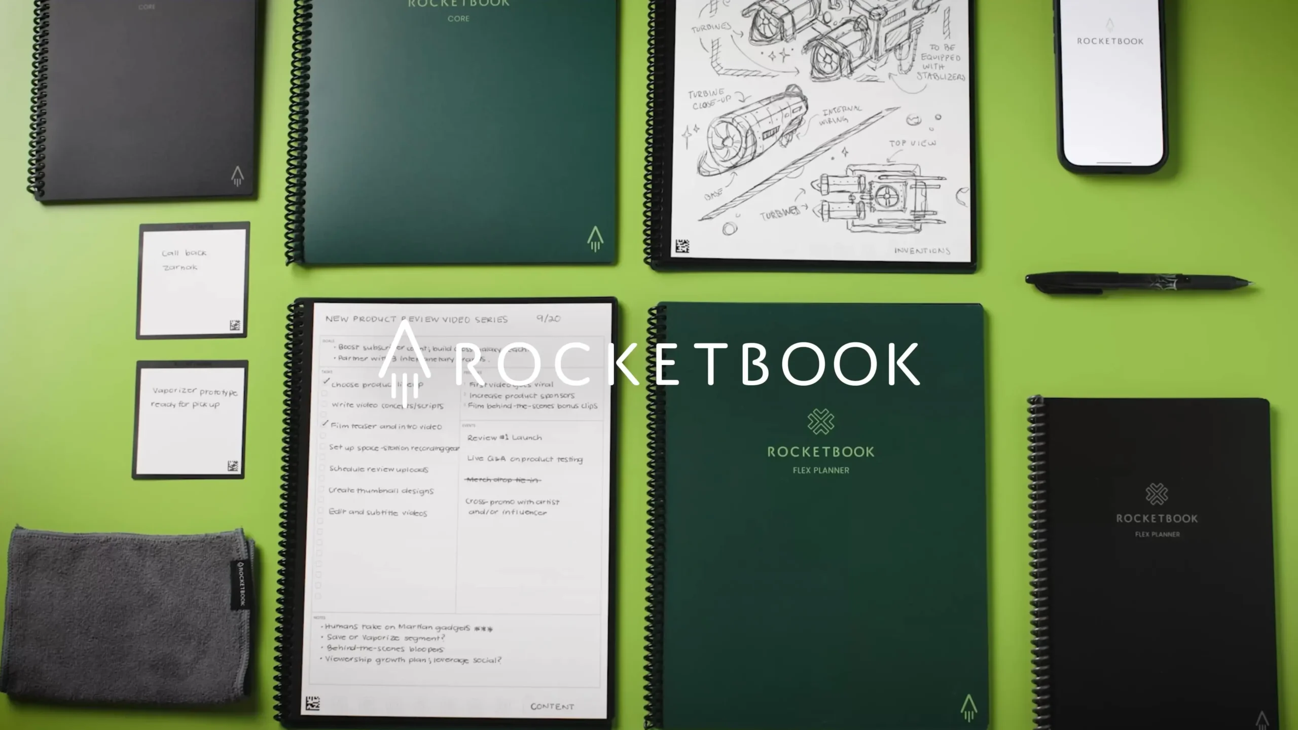 Rocketbook reusable notebooks and planner with handwritten notes and sketches.