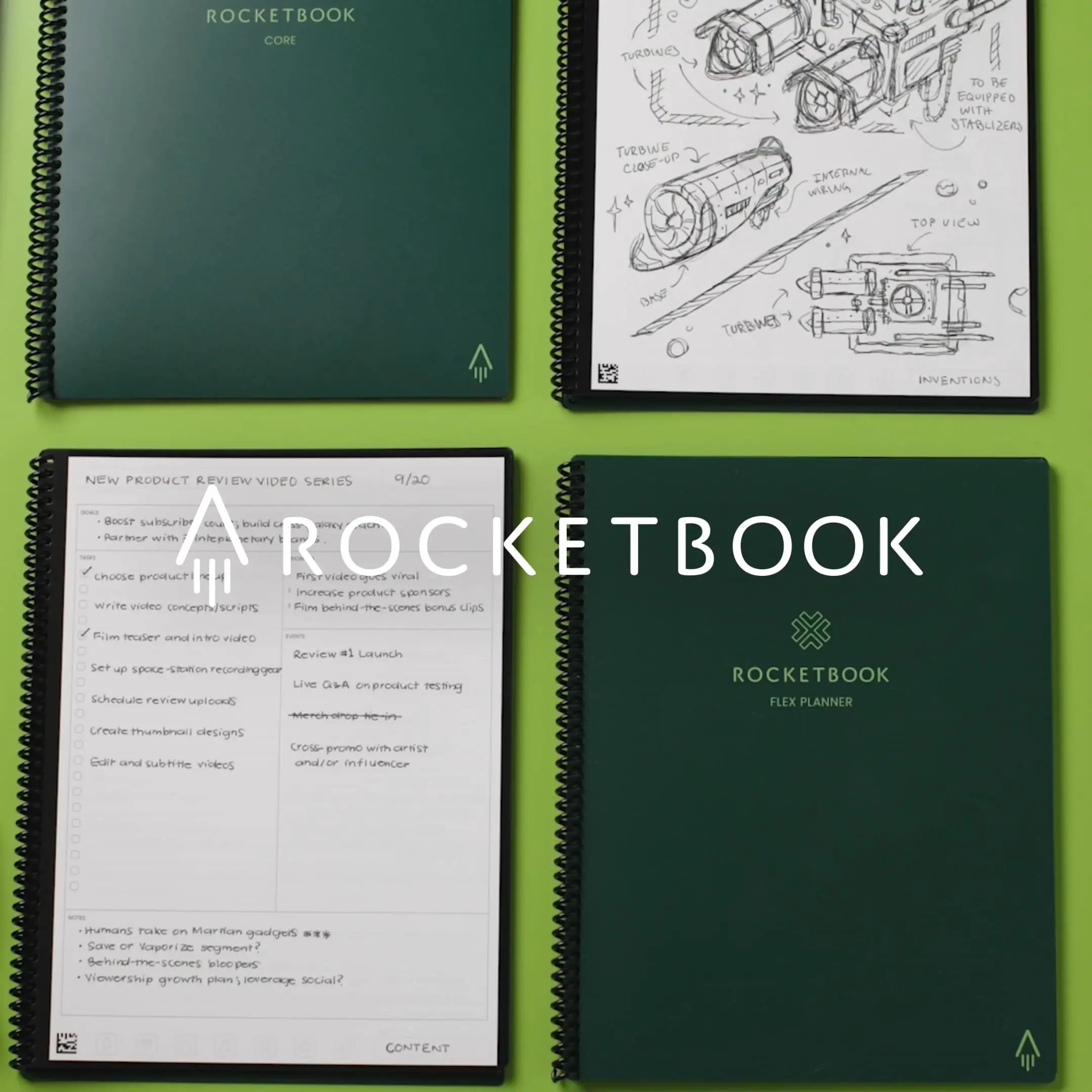 Rocketbook notebooks in green, featuring the Core and Flex Planner models with handwritten notes and sketches.